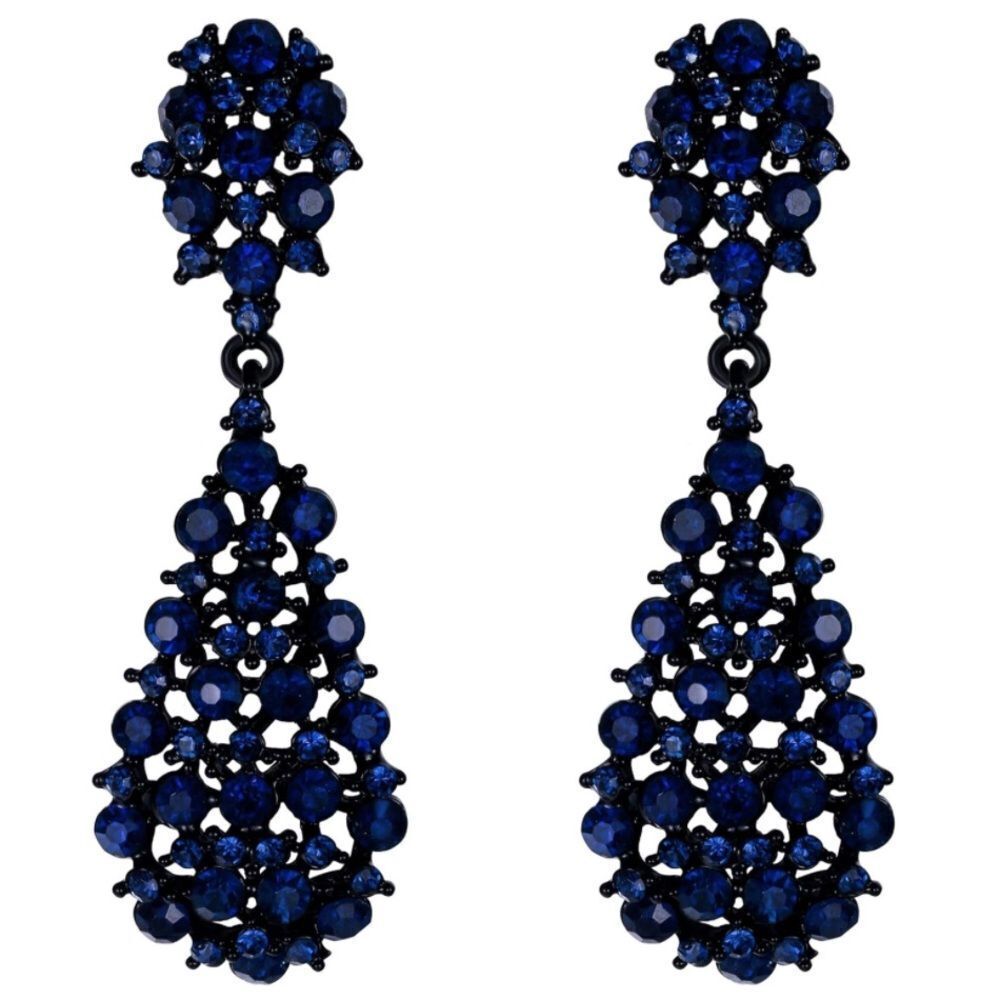 Carbon Black Sapphire Blue Austrian Crystal Hollow Teardrop Chandelier Earrings